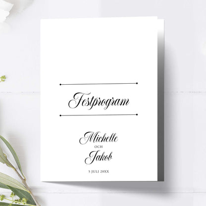 Festprogram litet, till bröllop – Klassisk svartvit Formellt – Tryckt programkort 12,7x17,7 cm BR003