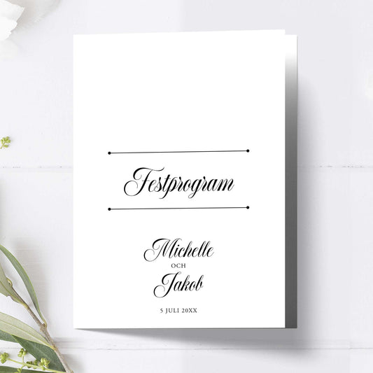 Festprogram litet, till bröllop – Klassisk svartvit Formellt – Tryckt programkort 12,7x17,7 cm BR003