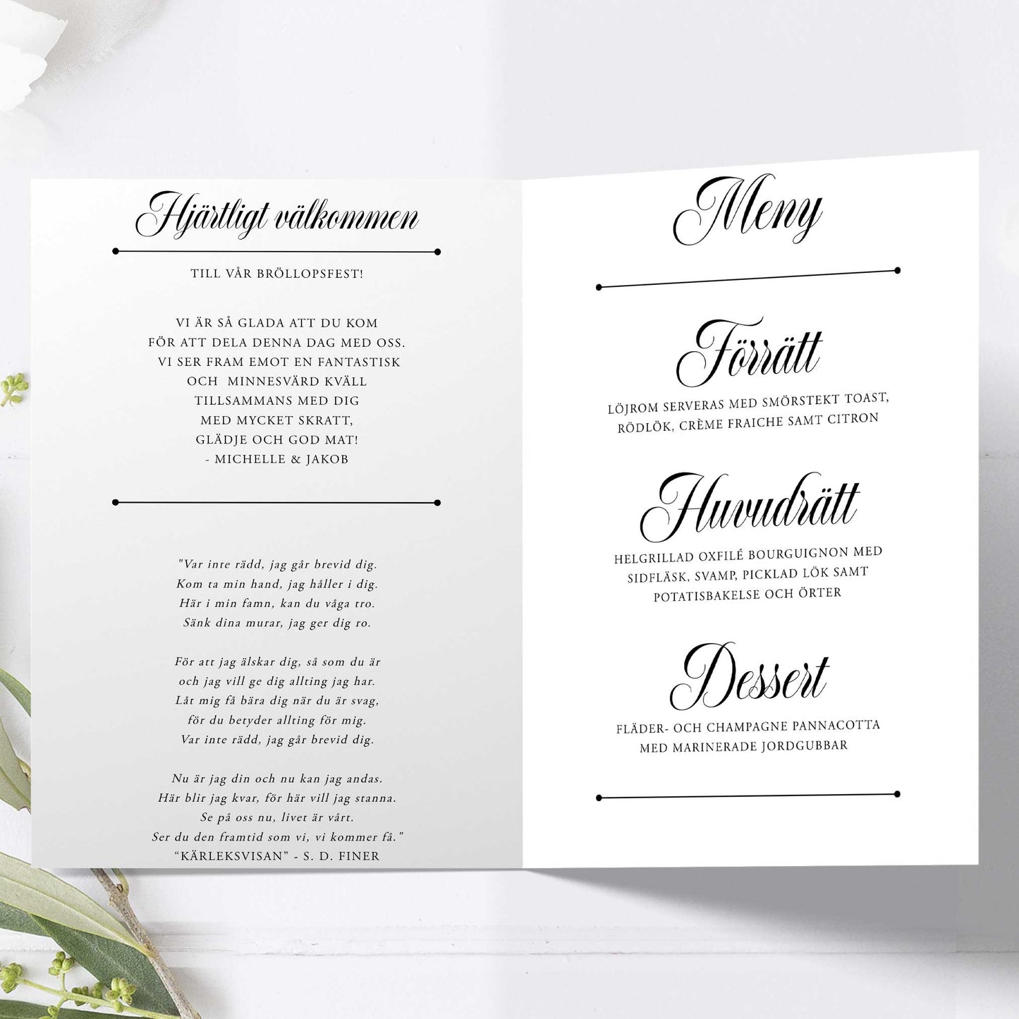 Festprogram litet, till bröllop – Klassisk svartvit Formellt – Tryckt programkort 12,7x17,7 cm BR003