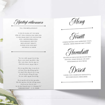 Festprogram litet, till bröllop – Klassisk svartvit Formellt – Tryckt programkort 12,7x17,7 cm BR003