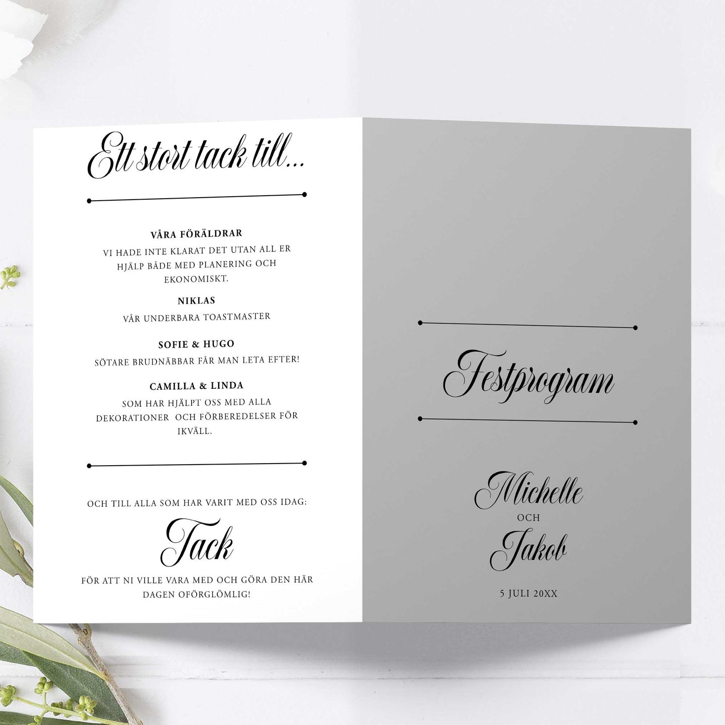 Festprogram litet, till bröllop – Klassisk svartvit Formellt – Tryckt programkort 12,7x17,7 cm BR003