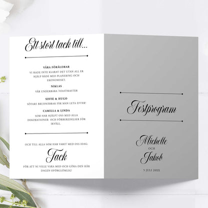 Festprogram litet, till bröllop – Klassisk svartvit Formellt – Tryckt programkort 12,7x17,7 cm BR003