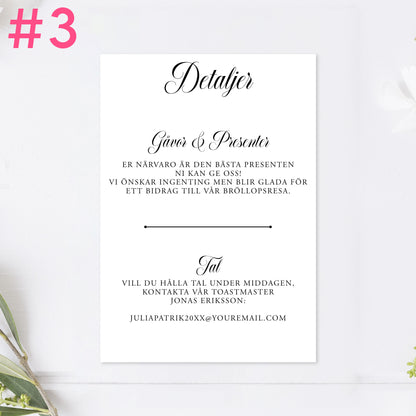 BR003-3 - Informationskort- Formellt svartvitt - Tryckt bröllopskort