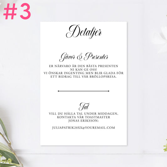 BR003-3 - Informationskort- Formellt svartvitt - Tryckt bröllopskort