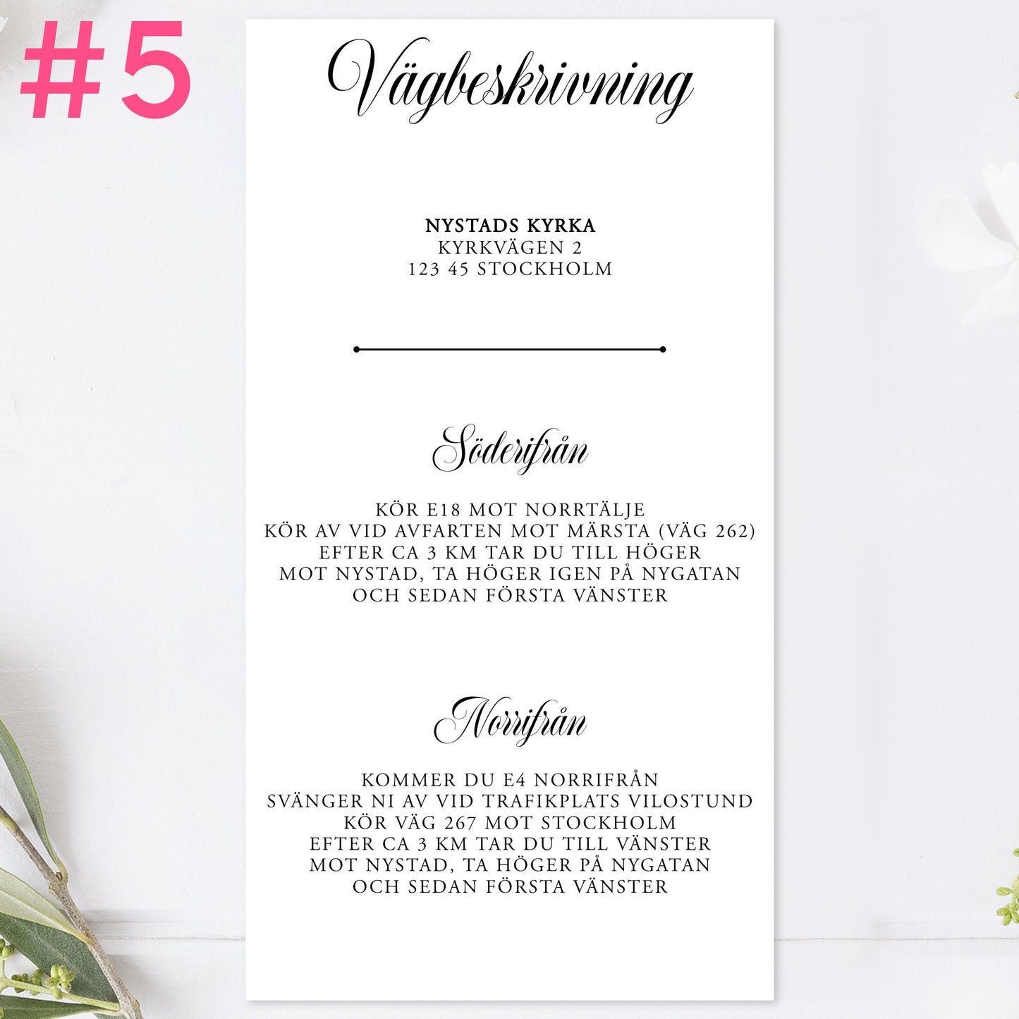 BR003-5 - Vägbeskrivning - Formellt svartvitt - Tryckt bröllopskort