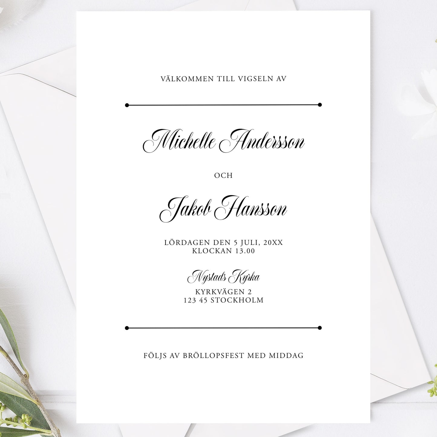 Klassisk svartvit bröllopsinbjudan – formellt tryckt kort – BR003