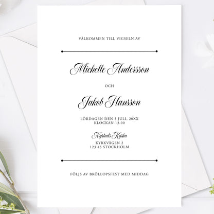 Klassisk svartvit bröllopsinbjudan – formellt tryckt kort – BR003