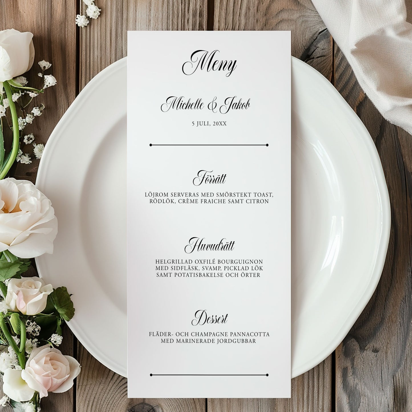 Menykort till bröllop – Klassisk svartvit Formellt – Tryckt kort för bröllopsmeny BR003