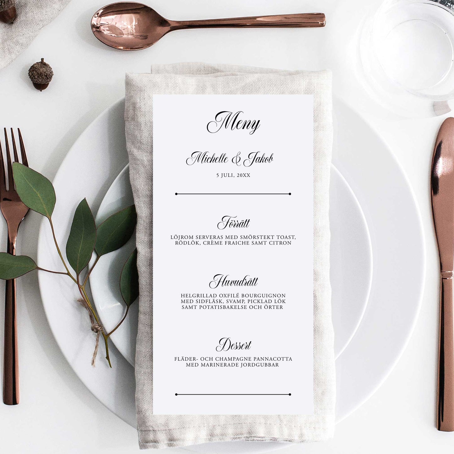 Menykort till bröllop – Klassisk svartvit Formellt – Tryckt kort för bröllopsmeny BR003