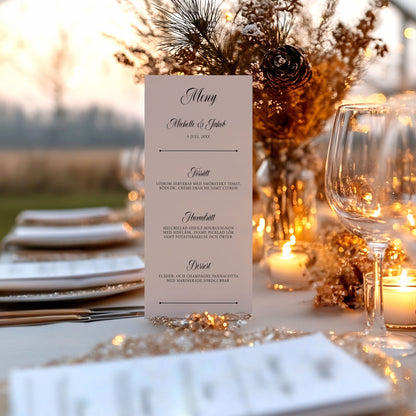Menykort till bröllop – Klassisk svartvit Formellt – Tryckt kort för bröllopsmeny BR003