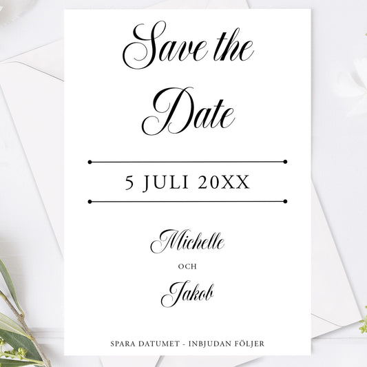 Save the Date kort – Klassisk svartvit Formellt - A6 Tryckt kort för bröllopsdatum BR003
