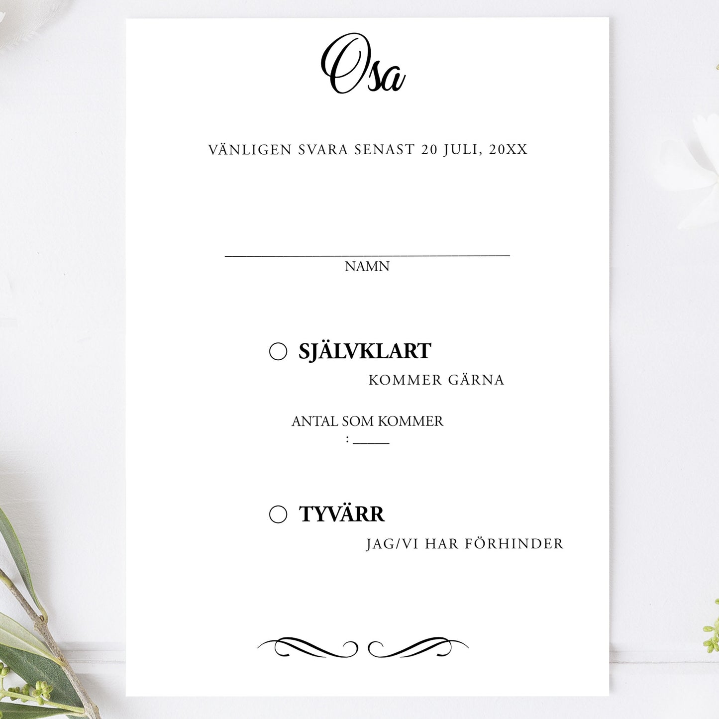 OSA-kort med kuvert (8 färger) – A6 Modern Script Svartvitt – Bröllopskort BR004