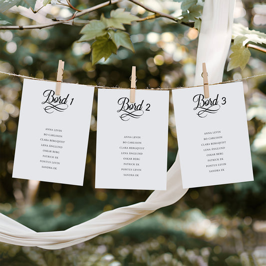 Bordsplaceringskort till bröllop – Modern script stil svartvitt – Titelskylt & bordskort för gäster BR004
