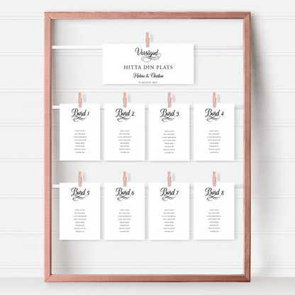 Bordsplaceringskort till bröllop – Modern script stil svartvitt – Titelskylt & bordskort för gäster BR004