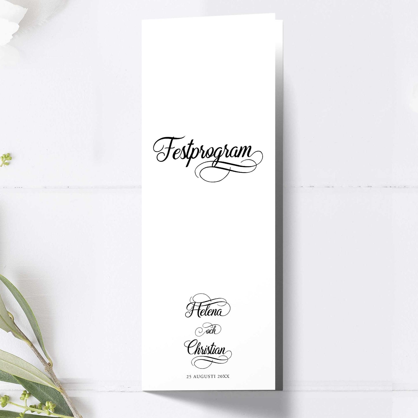 Festprogram till bröllop – Modern Script Svartvitt – Avlångt tryckt programkort 10,5×29,7 cm BR004