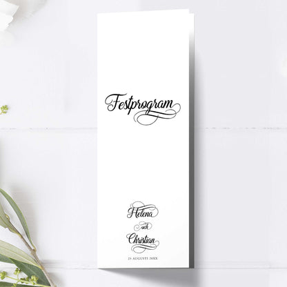 Festprogram till bröllop – Modern Script Svartvitt – Avlångt tryckt programkort 10,5×29,7 cm BR004