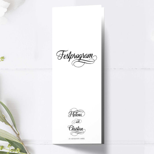 Festprogram till bröllop – Modern Script Svartvitt – Avlångt tryckt programkort 10,5×29,7 cm BR004