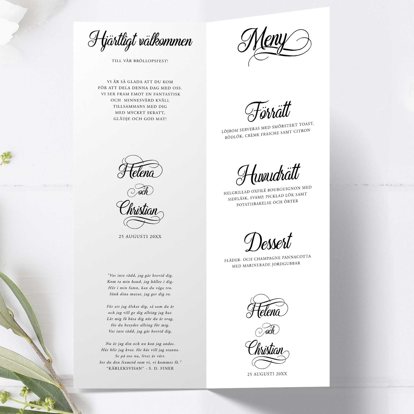 Festprogram till bröllop – Modern Script Svartvitt – Avlångt tryckt programkort 10,5×29,7 cm BR004