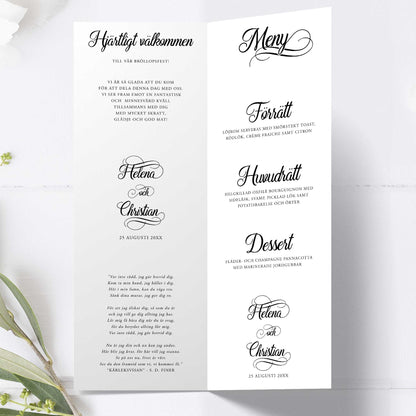 Festprogram till bröllop – Modern Script Svartvitt – Avlångt tryckt programkort 10,5×29,7 cm BR004