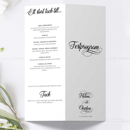 Festprogram till bröllop – Modern Script Svartvitt – Avlångt tryckt programkort 10,5×29,7 cm BR004