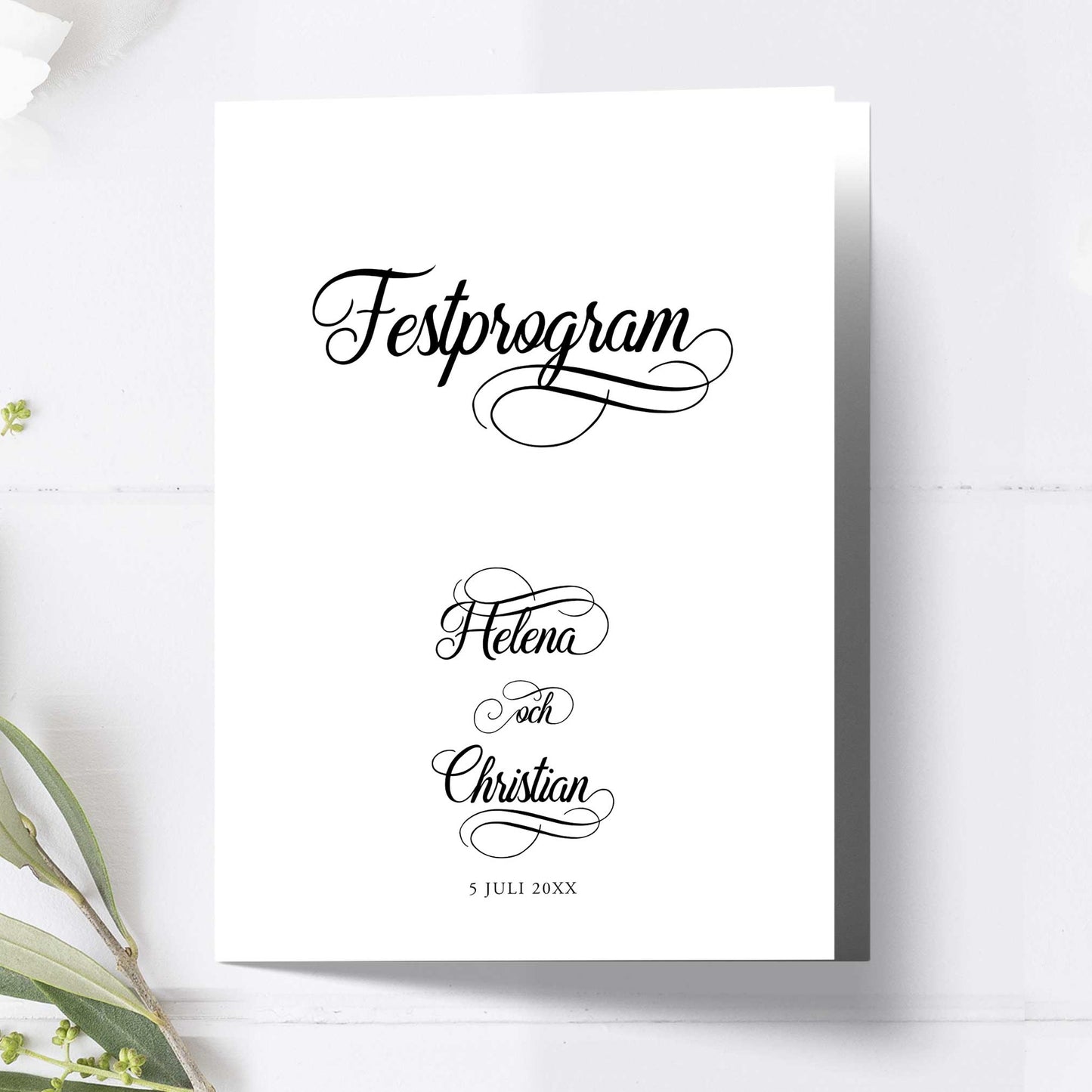 Festprogram litet, till bröllop – Modern Script Svartvitt – Tryckt programkort 12,7x17,7 cm BR004