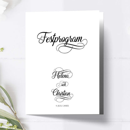 Festprogram litet, till bröllop – Modern Script Svartvitt – Tryckt programkort 12,7x17,7 cm BR004