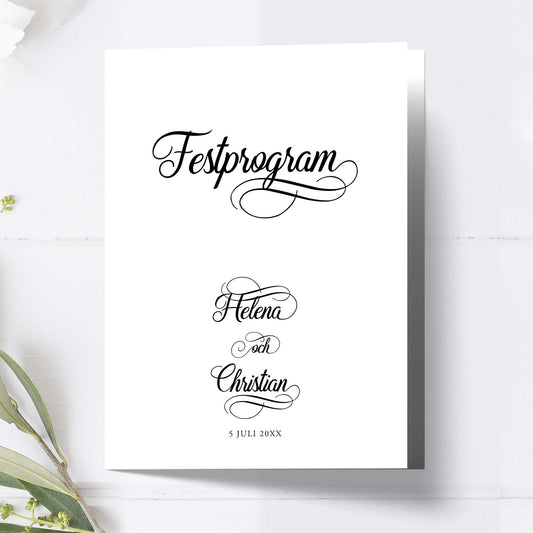 Festprogram litet, till bröllop – Modern Script Svartvitt – Tryckt programkort 12,7x17,7 cm BR004