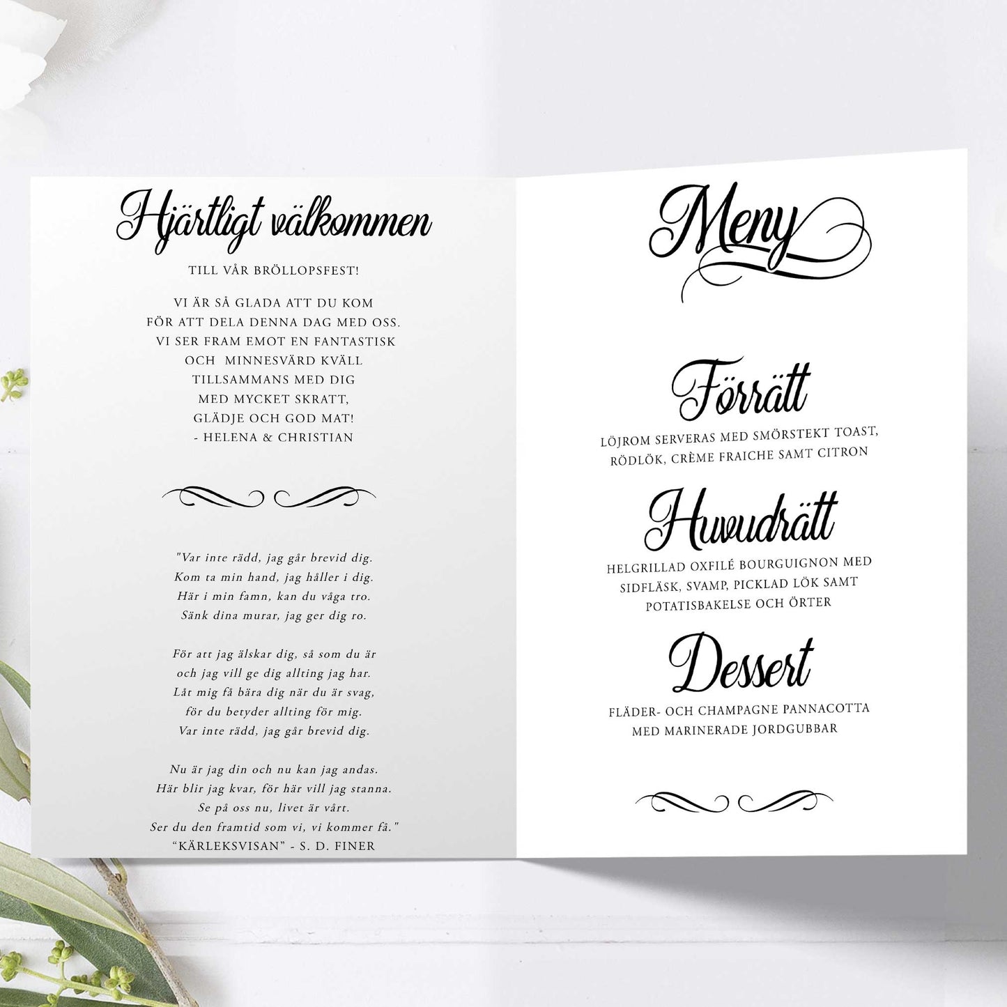 Festprogram litet, till bröllop – Modern Script Svartvitt – Tryckt programkort 12,7x17,7 cm BR004