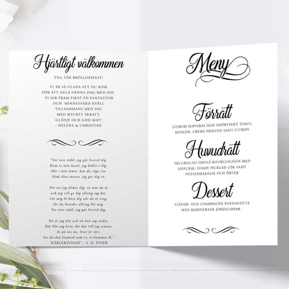 Festprogram litet, till bröllop – Modern Script Svartvitt – Tryckt programkort 12,7x17,7 cm BR004