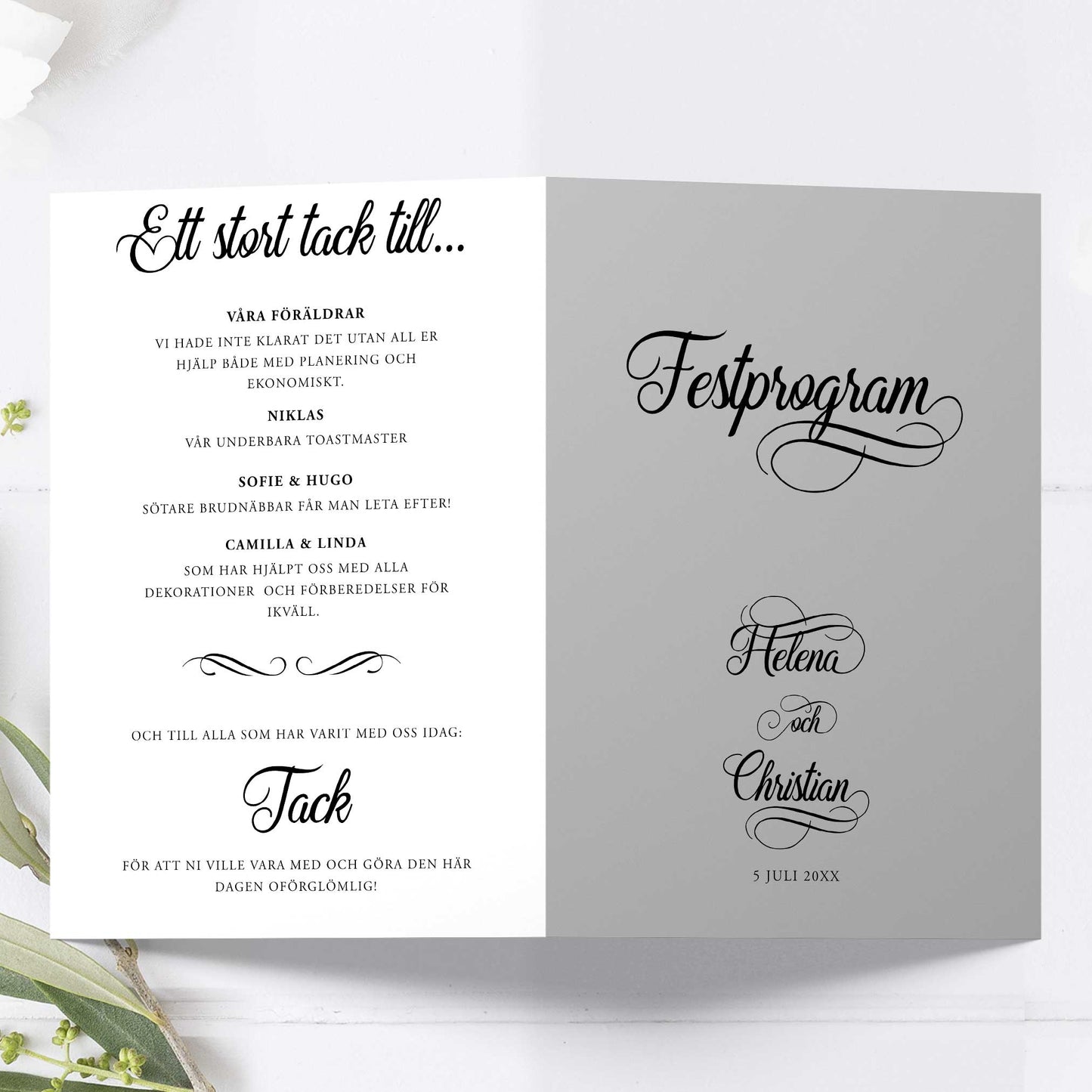 Festprogram litet, till bröllop – Modern Script Svartvitt – Tryckt programkort 12,7x17,7 cm BR004