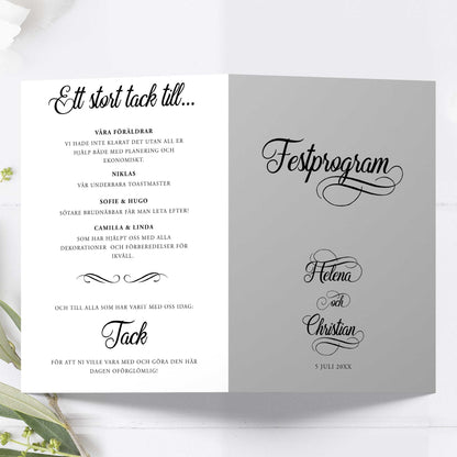 Festprogram litet, till bröllop – Modern Script Svartvitt – Tryckt programkort 12,7x17,7 cm BR004