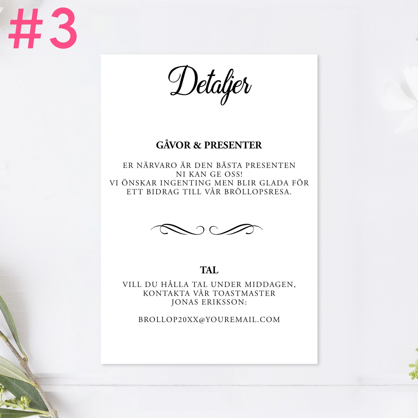 BR004-3 - Informationskort - Modern Script Svartvitt - Tryckt bröllopskort