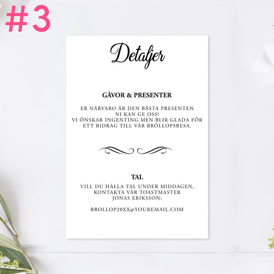 BR004-3 - Informationskort - Modern Script Svartvitt - Tryckt bröllopskort