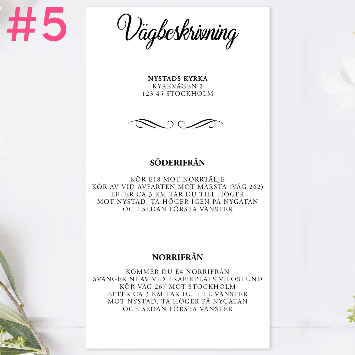 BR004-5 - Vägbeskrivning - Modern Script Svartvitt - Tryckt bröllopskort