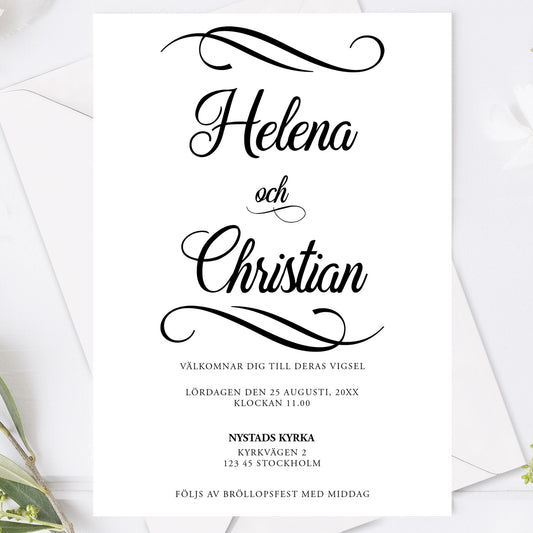 Bröllopsinbjudan med modern script stil – minimalistiskt svartvitt kort – BR004