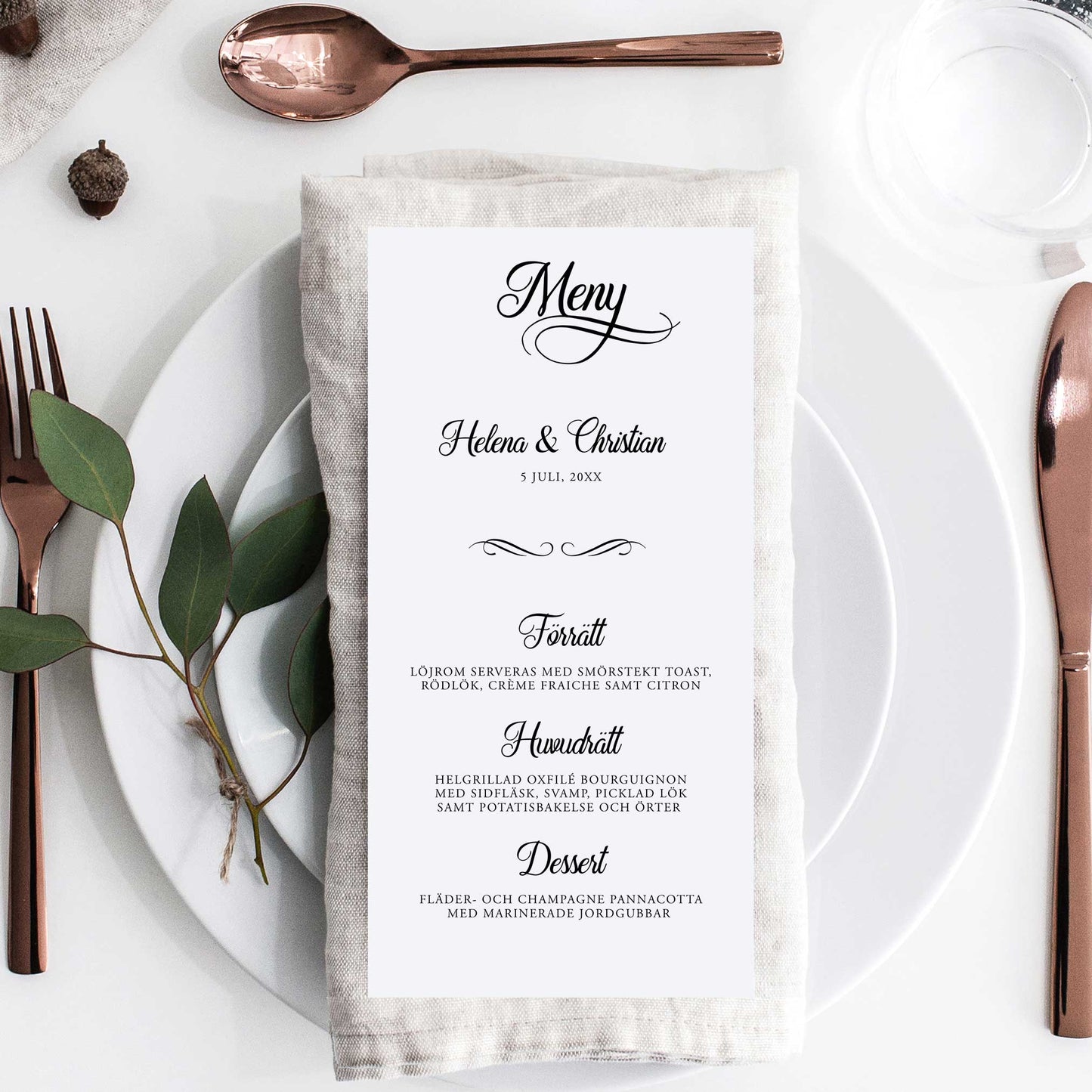 Menykort till bröllop – Modern script stil svartvitt – Tryckt kort för bröllopsmeny BR004