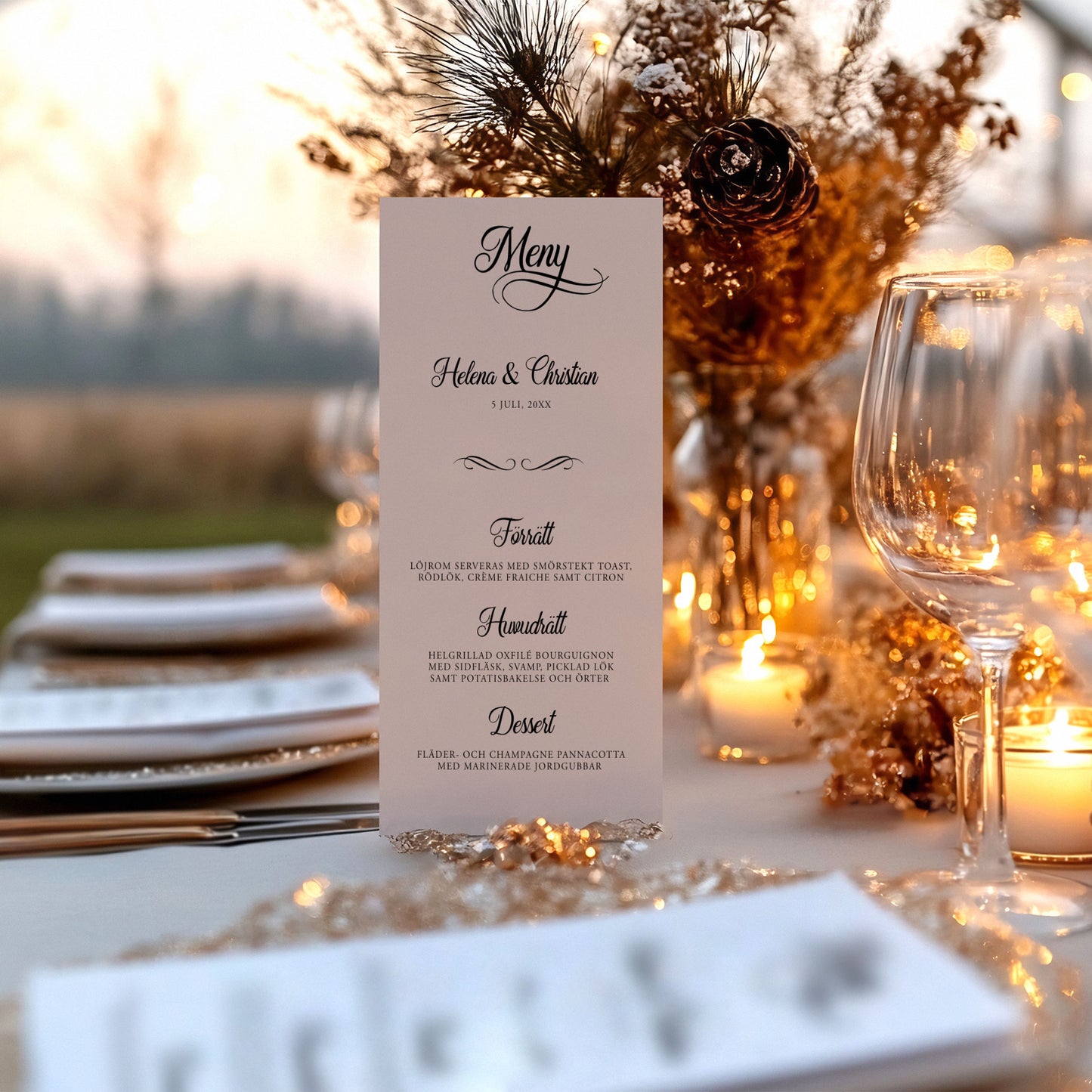 Menykort till bröllop – Modern script stil svartvitt – Tryckt kort för bröllopsmeny BR004