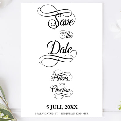 Save the Date-kort – Modern script stil svartvitt - A6 Tryckt kort för bröllopsdatum BR004