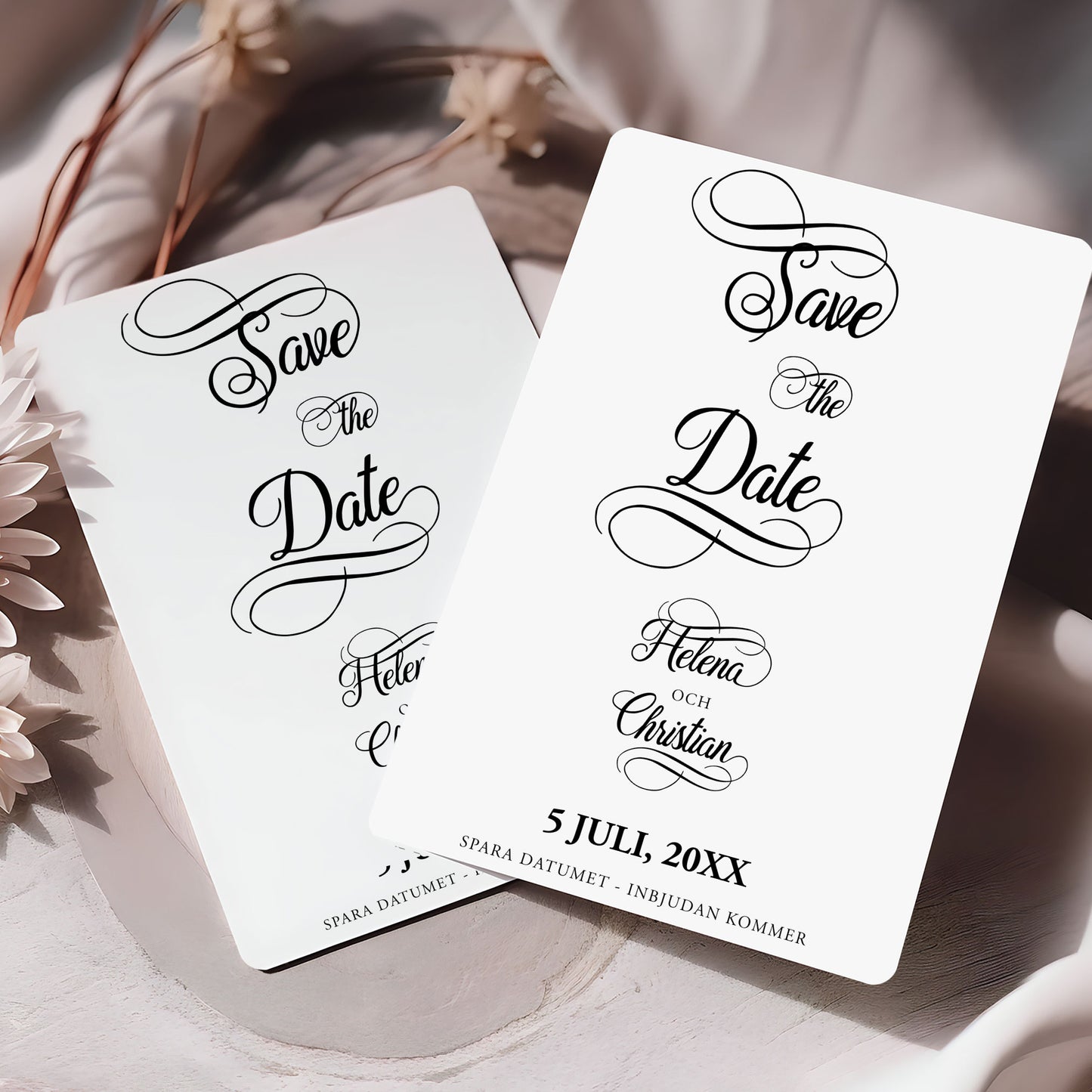 Save the Date-kort – Modern script stil svartvitt - A6 Tryckt kort för bröllopsdatum BR004