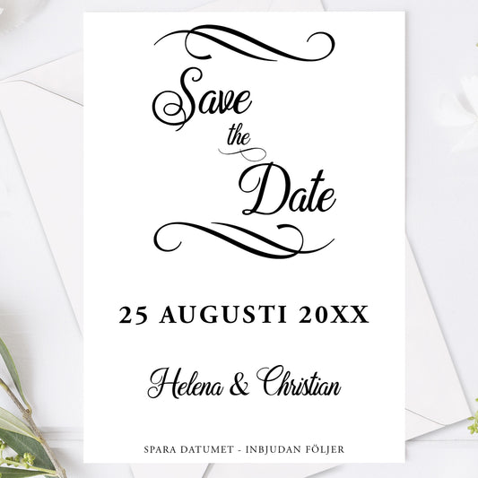 Save the Date kort – Modern script stil svartvitt - A6 Tryckt kort för bröllopsdatum BR004