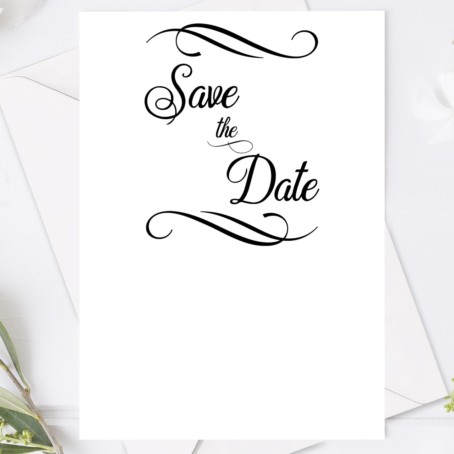 Save the Date kort – Modern script stil svartvitt - A6 Tryckt kort för bröllopsdatum BR004