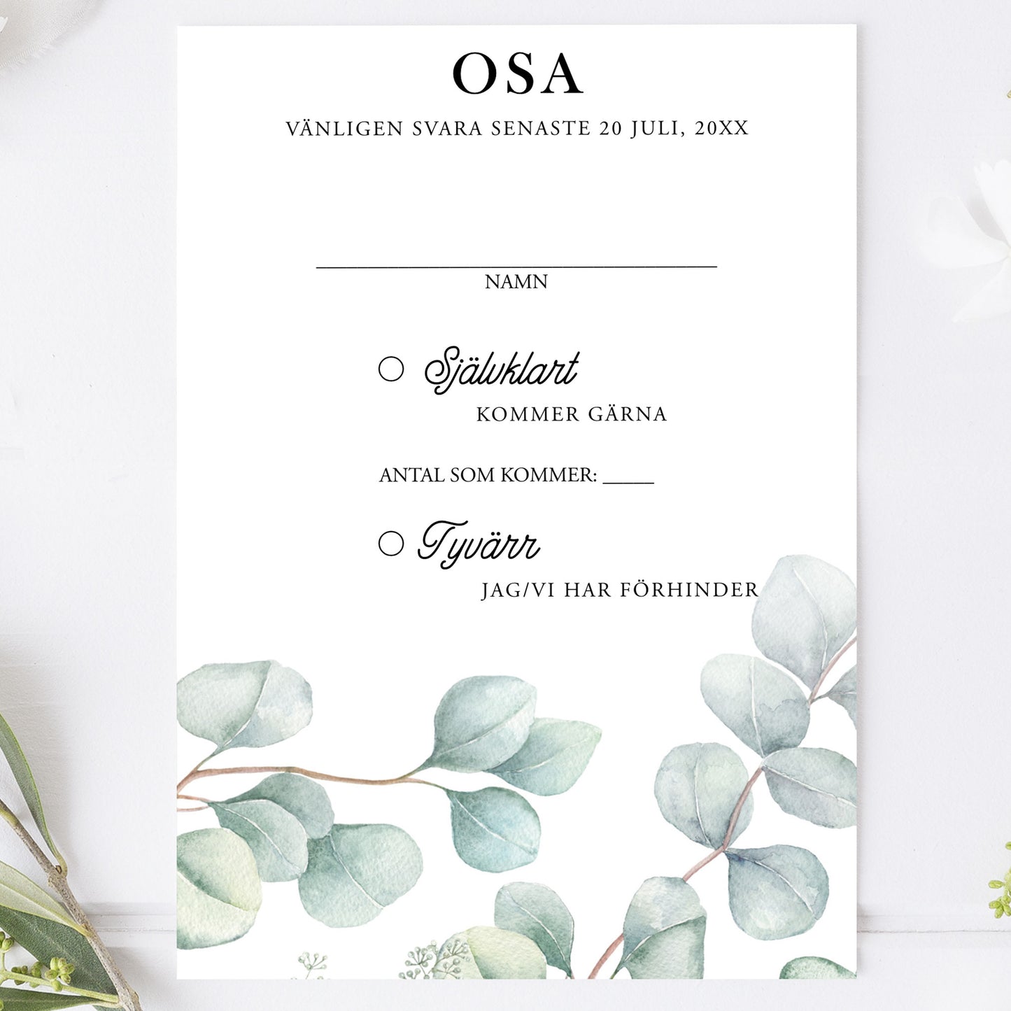 OSA-kort med kuvert (8 färger) – A6 Eucalyptus Elegant – Bröllopskort BR005