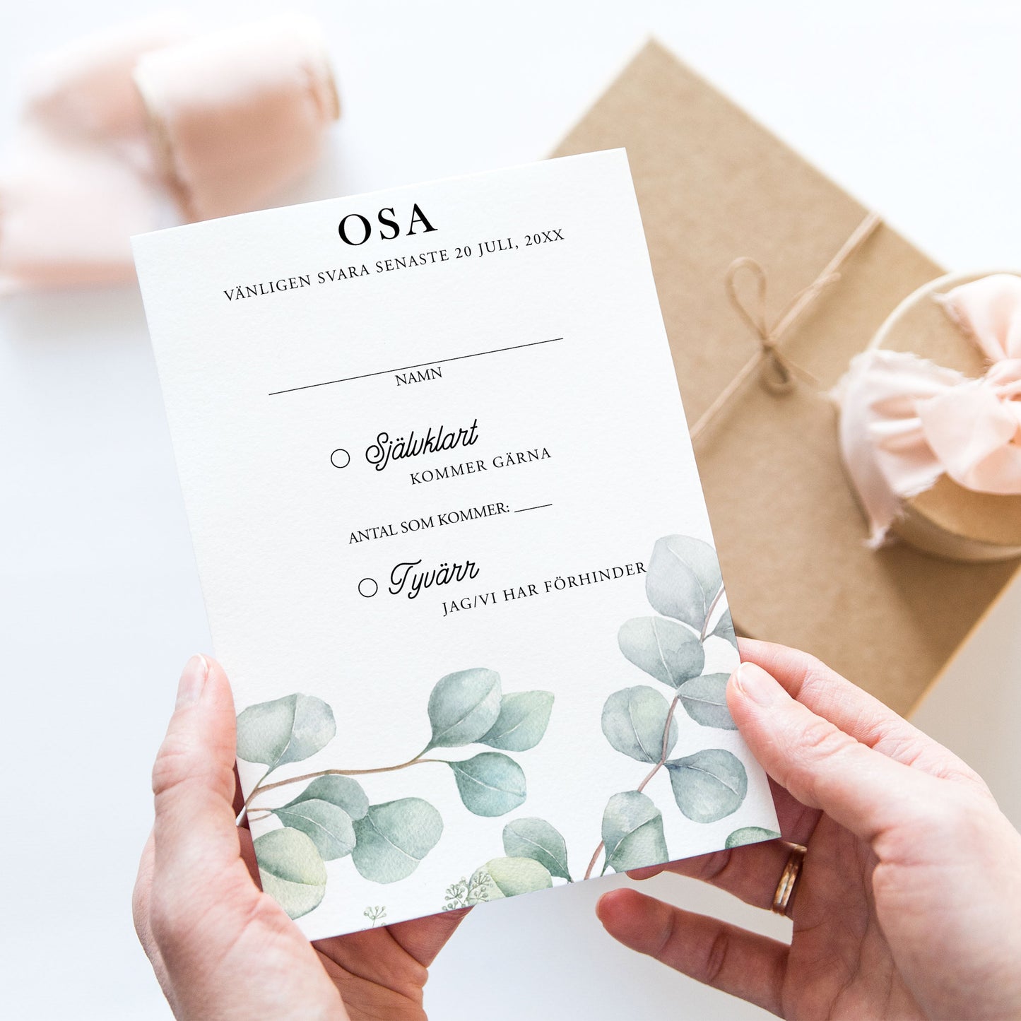 OSA-kort med kuvert (8 färger) – A6 Eucalyptus Elegant – Bröllopskort BR005