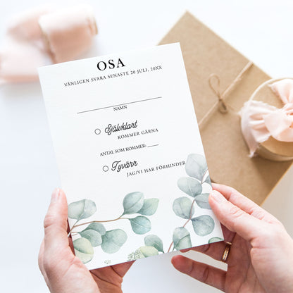 OSA-kort med kuvert (8 färger) – A6 Eucalyptus Elegant – Bröllopskort BR005