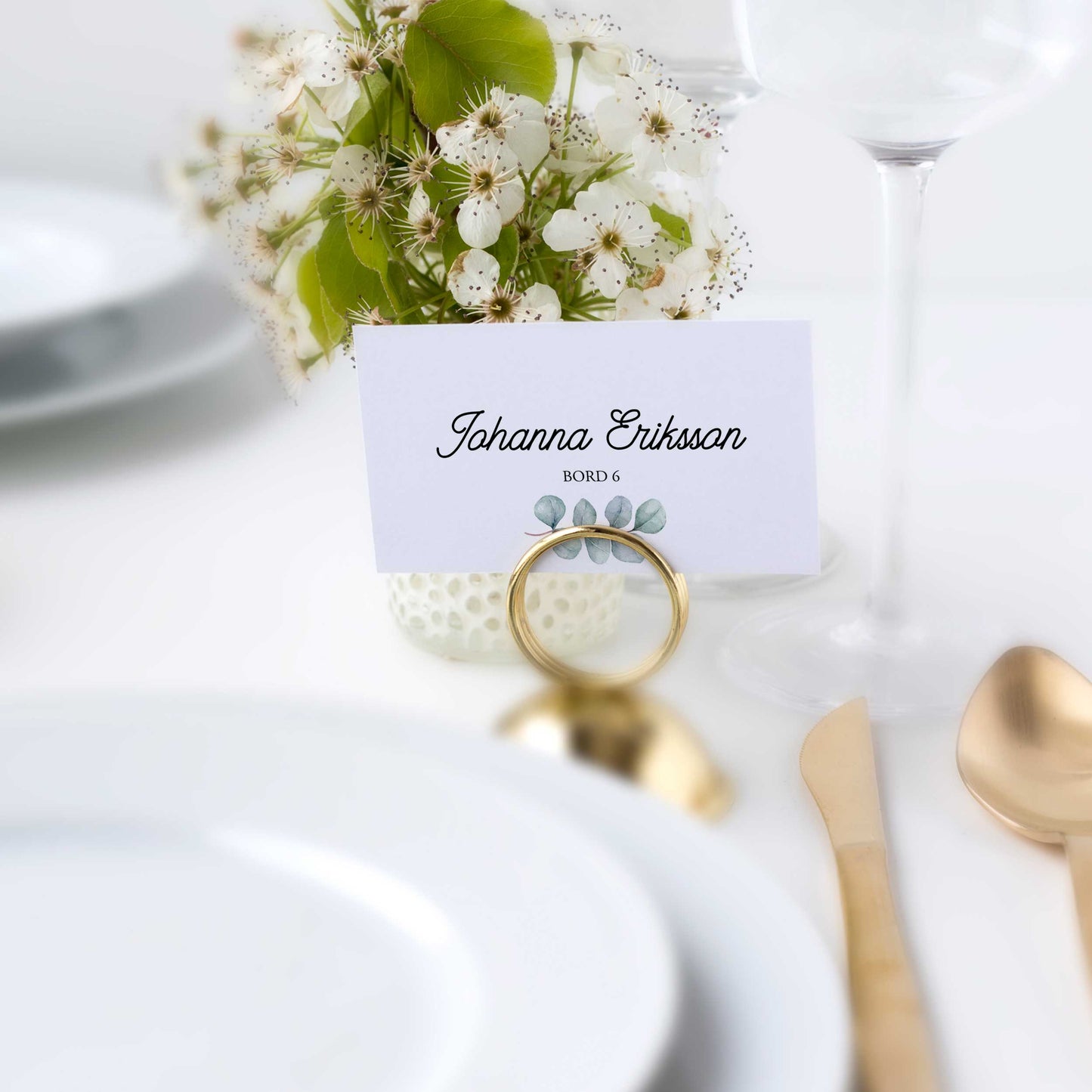 Enkla placeringskort till bröllop – Eucalyptus Elegant – Tryckt kort med namn för dukning BR005
