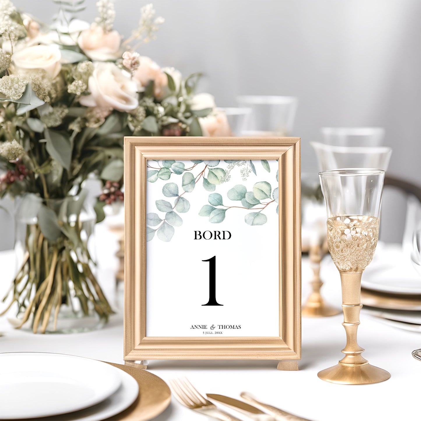 Bordsnummerkort till bröllop – Eucalyptus Elegant – Tryckt kort för dukning och bordsplacering BR005