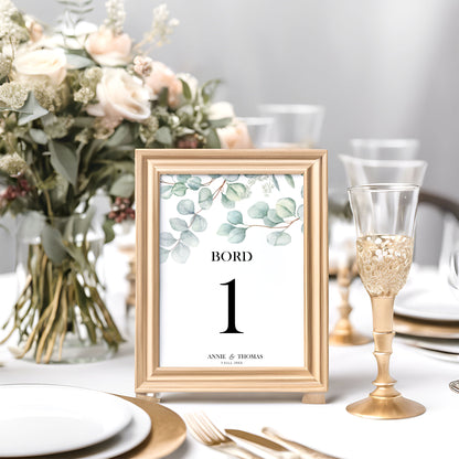 Bordsnummerkort till bröllop – Eucalyptus Elegant – Tryckt kort för dukning och bordsplacering BR005