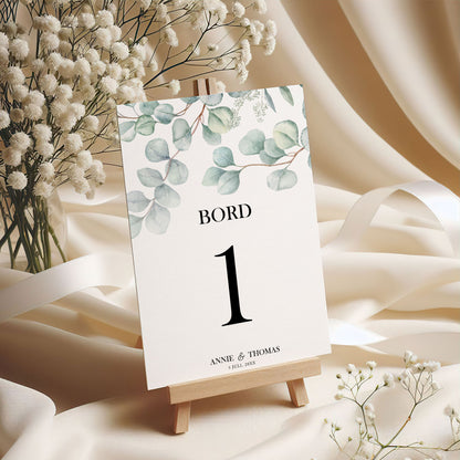 Bordsnummerkort till bröllop – Eucalyptus Elegant – Tryckt kort för dukning och bordsplacering BR005