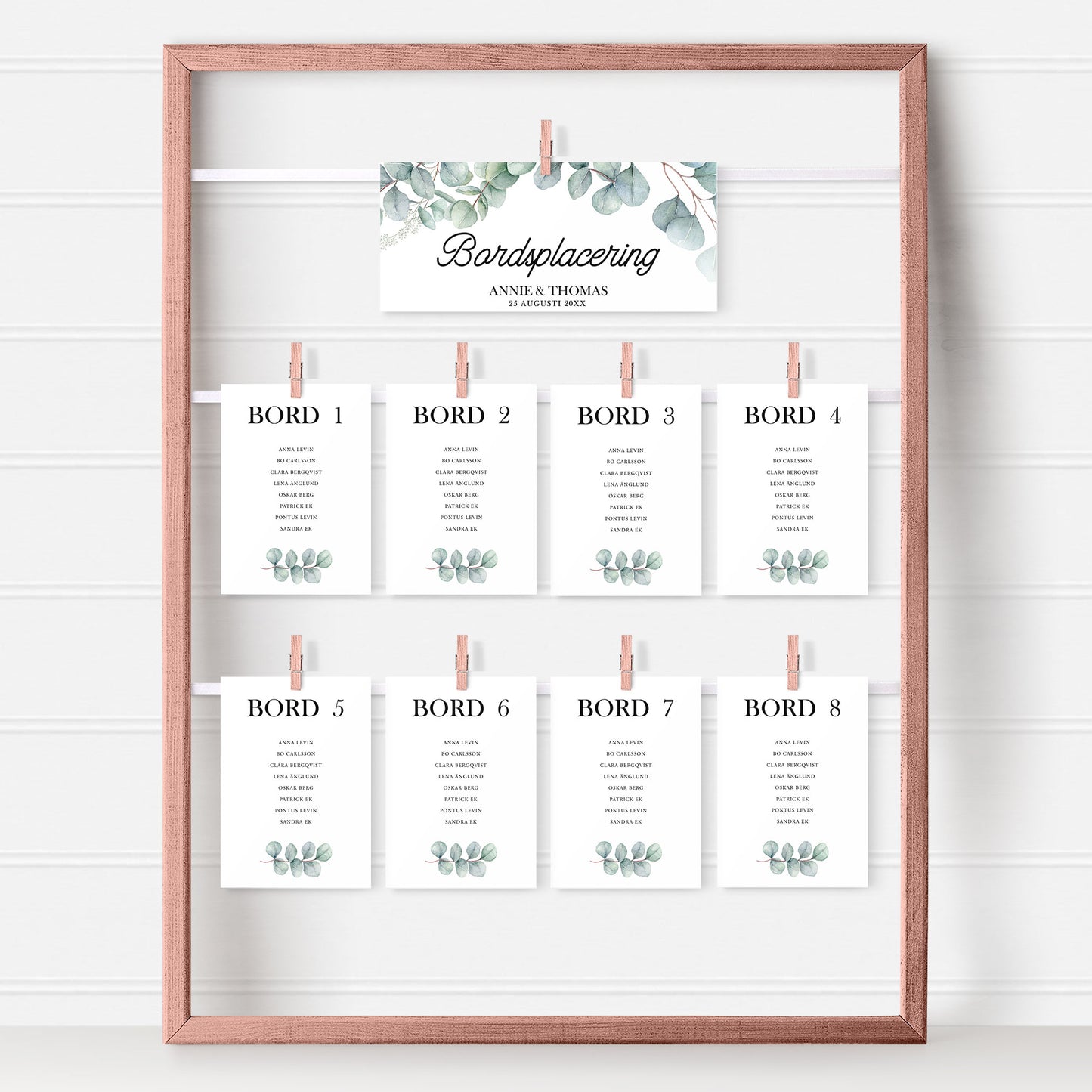 Bordsplaceringskort till bröllop – Eucalyptus Elegant – Titelskylt & bordskort för gäster BR005