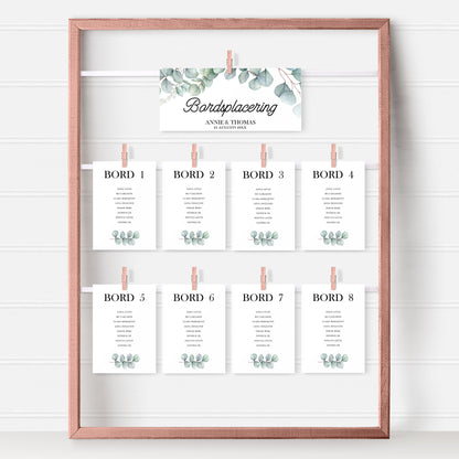 Bordsplaceringskort till bröllop – Eucalyptus Elegant – Titelskylt & bordskort för gäster BR005